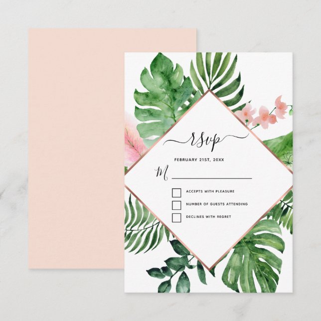 Invitación Boda geométrica de la acuarela tropical RSVP (Anverso / Reverso)
