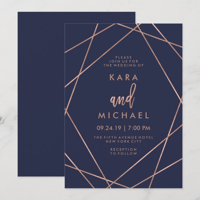 Invitación Boda geométrica de los azules marinos del falso (Anverso / Reverso)