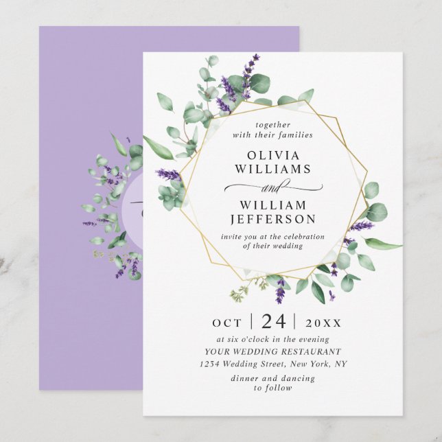 Invitación Boda Geométrica de Marco de Foliaje de Eucalipto M (Anverso / Reverso)