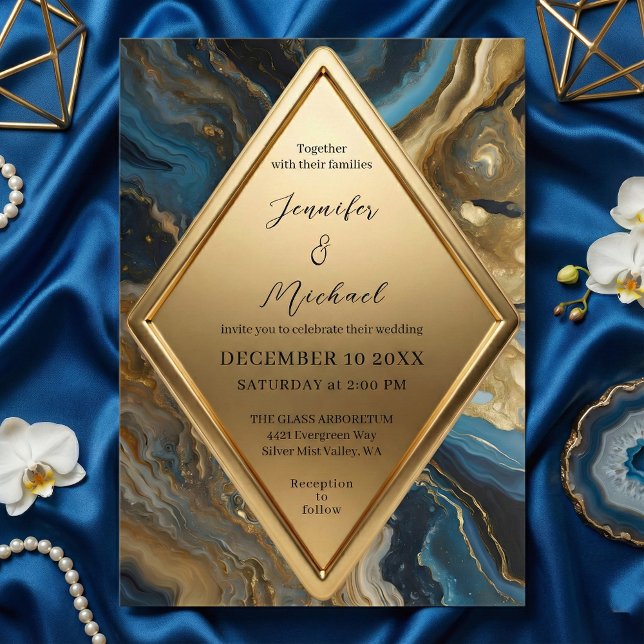 Invitación Boda Geométrica de Mármol Ágata Azul Teal Dorado (Subido por el creador)