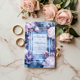 Invitación Boda Geométrica de Mármol Azul Floral Violeta Rosa
