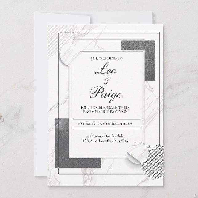 Invitación Boda Geométrica de Mármol Negro Abstracto Moderno (Anverso)