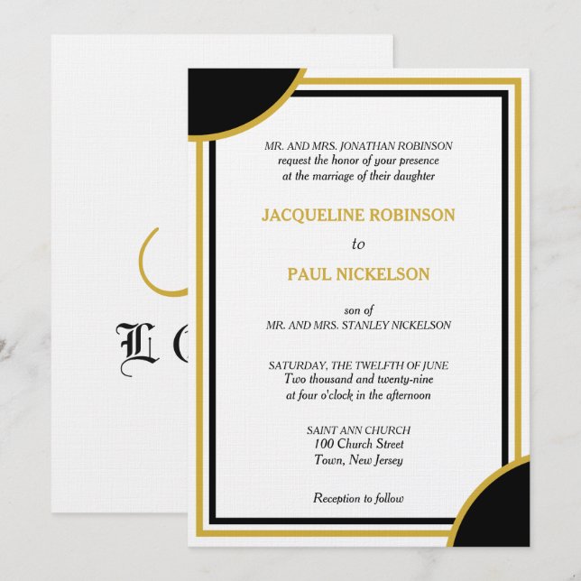 Invitación Boda geométrica de monograma blanco dorado (Anverso / Reverso)