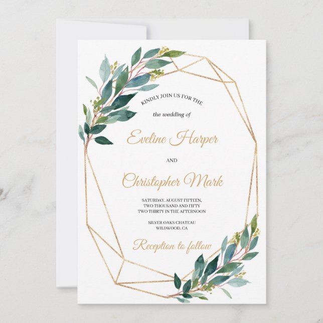 Invitación Boda geométrica de oro de eucalipto verde Invitaci (Anverso)