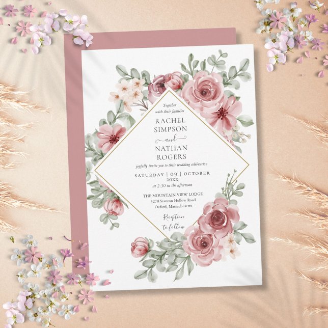 Invitación Boda geométrica de oro rosa polvoriento floral (Floral Dusty Rose Gold Geometric Wedding Invitation)