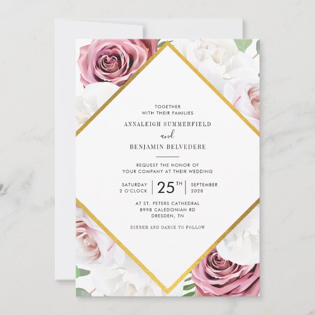 Invitación Boda geométrica de oro rosa y flores blancas (Anverso)