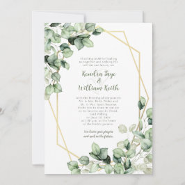 Invitación Boda geométrica de oro y eucalipto verde salvia