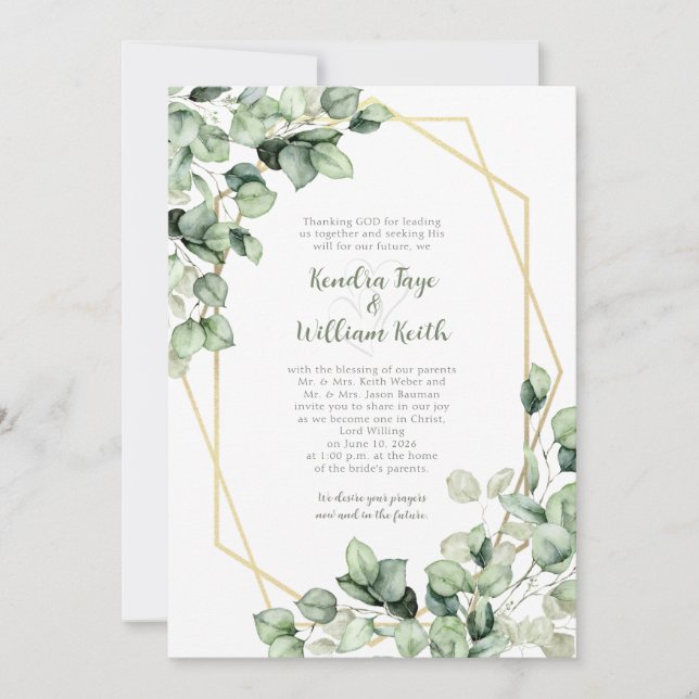 Invitación Boda geométrica de oro y eucalipto verde salvia (Anverso)