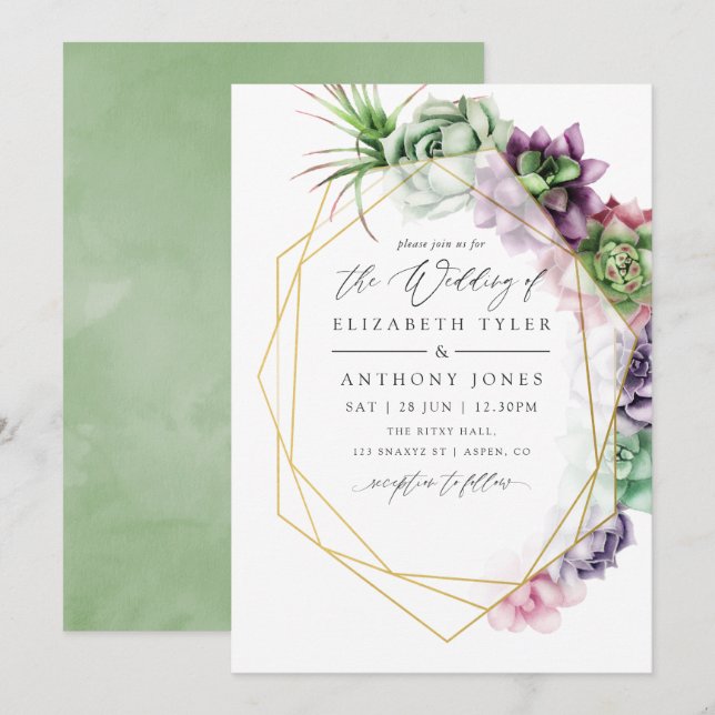 Invitación Boda geométrica de suculentas con acuarela (Anverso / Reverso)