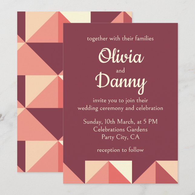 Invitación Boda geométrica de triángulo morado rosa melocotón (Anverso / Reverso)
