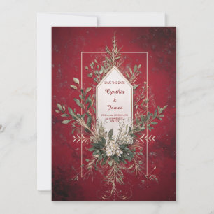 Invitación Boda Geométrica de Verde con Rojo Carmesí Profundo