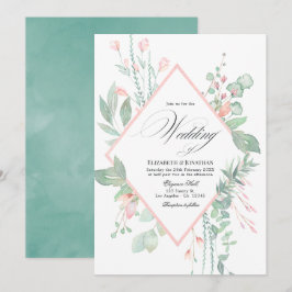 Invitación Boda geométrica de verde y rosa pastel