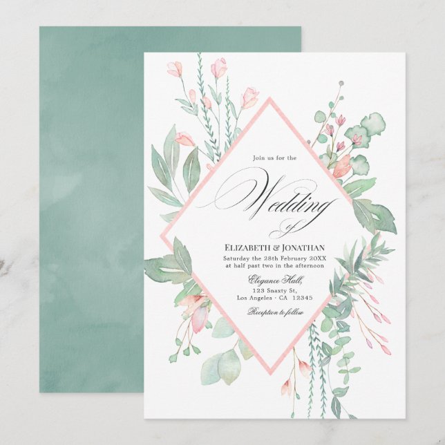 Invitación Boda geométrica de verde y rosa pastel (Anverso / Reverso)