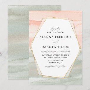Invitación Boda geométrica dorada con acuarela de rosa y salv