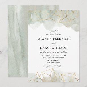 Invitación Boda geométrica dorada con acuarela en verde dusty