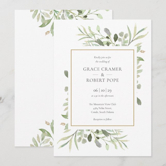 Invitación Boda geométrica dorada con follaje de vegetación b (Anverso / Reverso)