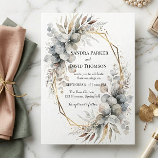 Invitación Boda geométrica dorada con vegetación al acuarela 
