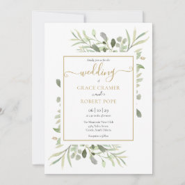 Invitación Boda geométrica dorada con vegetación elegante