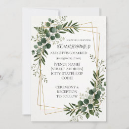 Invitación Boda geométrica dorada con vegetación personalizad