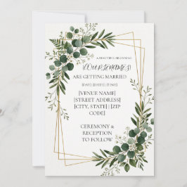 Invitación Boda geométrica dorada con vegetación personalizad