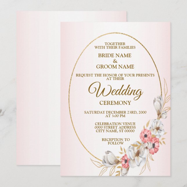 Invitación Boda geométrica dorada floral rosa melocotón (Anverso / Reverso)