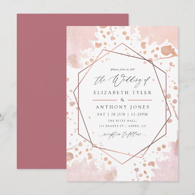 Invitación Boda geométrica en rosa oro y rubor (Anverso / Reverso)