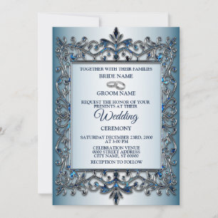 Invitación Boda Geométrica Floral Azul Teal Plateada Vintage