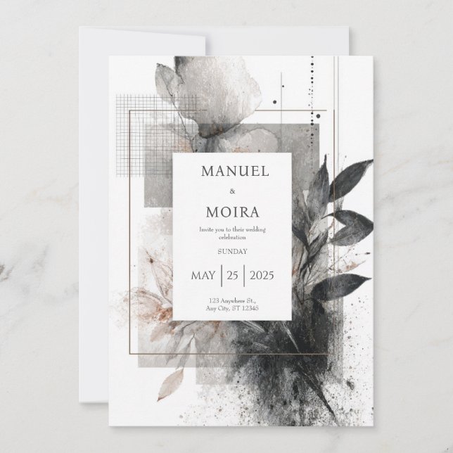 Invitación Boda Geométrica Floral Blanco Abstracto (Anverso)