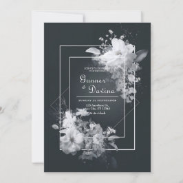 Invitación Boda Geométrica Floral Blanco Negro Monocromático
