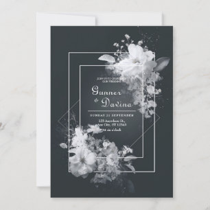 Invitación Boda Geométrica Floral Blanco Negro Monocromático