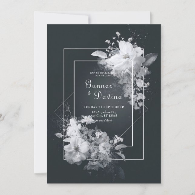 Invitación Boda Geométrica Floral Blanco Negro Monocromático (Anverso)