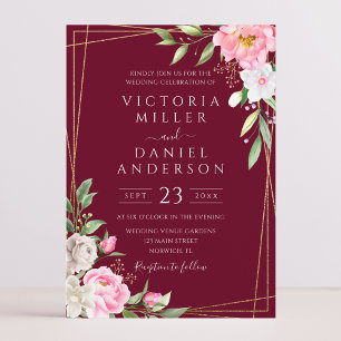 Invitación Boda geométrica floral de acuarela de Borgoña en o