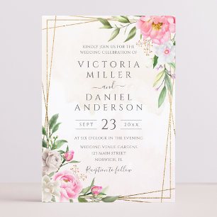Invitación Boda geométrica floral de acuarela rosa oro