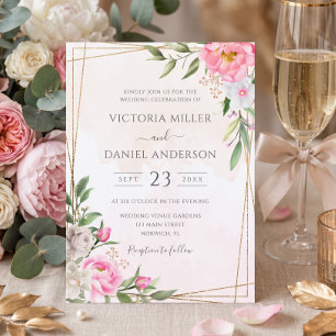Invitación Boda geométrica floral de acuarela rosa y oro