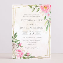 Boda geométrica floral de acuarela rosa y oro