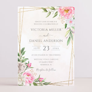 Invitación Boda geométrica floral de acuarela rosa y oro