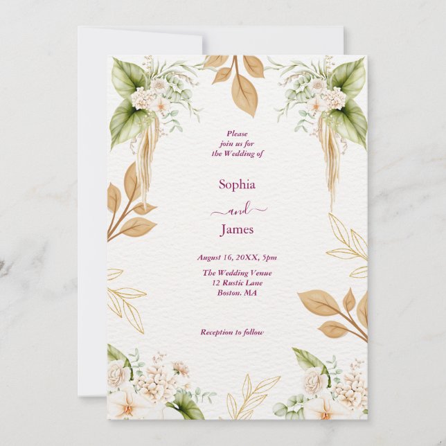 Invitación Boda geométrica floral dorada con rubor (Anverso)