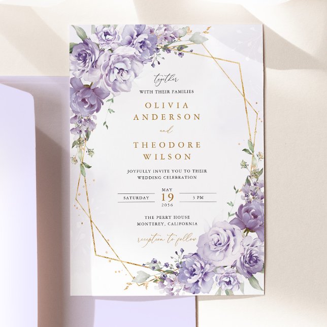 Invitación Boda Geométrica Floral Lavanda Dorada (Lavender Floral Gold Geometric Wedding Invitation, elegant purple rose wedding invite stationery)
