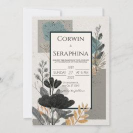 Invitación Boda Geométrica Floral Negra Abstracta Dorada