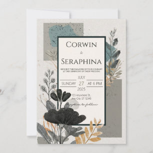 Invitación Boda Geométrica Floral Negra Abstracta Dorada