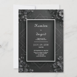 Invitación Boda Geométrica Floral Negra Monocromática
