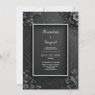 Invitación Boda Geométrica Floral Negra Monocromática