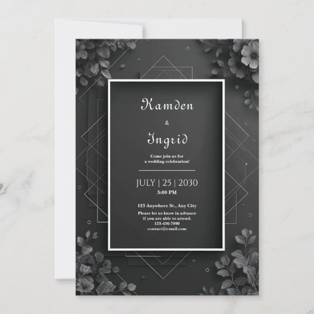 Invitación Boda Geométrica Floral Negra Monocromática (Anverso)