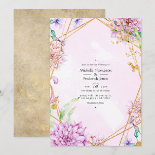 Invitación Boda geométrica floral púrpura y dorada