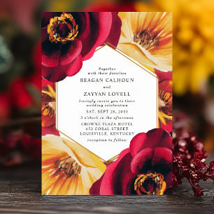 Invitación Boda geométrica floral roja y amarilla en negrita