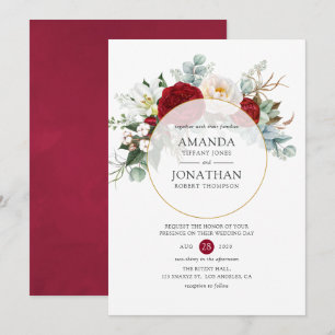 Invitación Boda geométrica floral roja y blanca de Borgoña