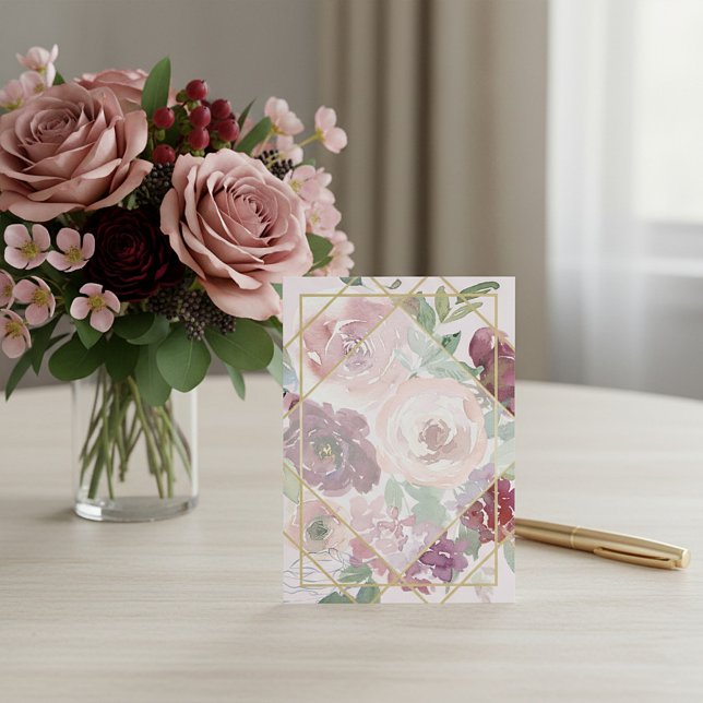 Invitación Boda geométrica floral rosa y dorada en blanco (Subido por el creador)