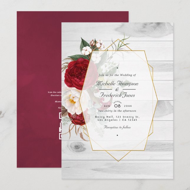 Invitación Boda geométrica floral rústica de borgoña y blanco (Anverso / Reverso)
