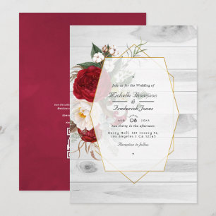 Invitación Boda geométrica floral rústica de borgoña y blanco