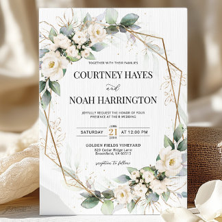 Invitación Boda Geométrica Floral Verde Blanco Dorado